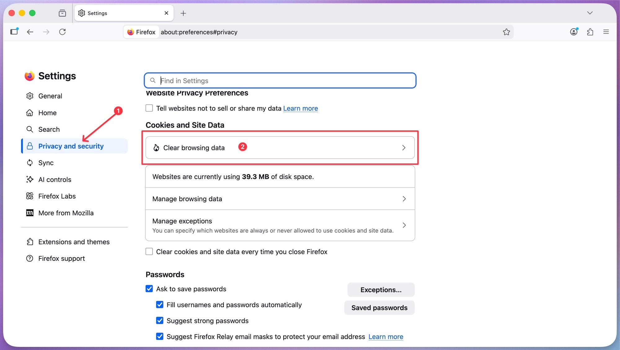 Opening firefox privacy page page