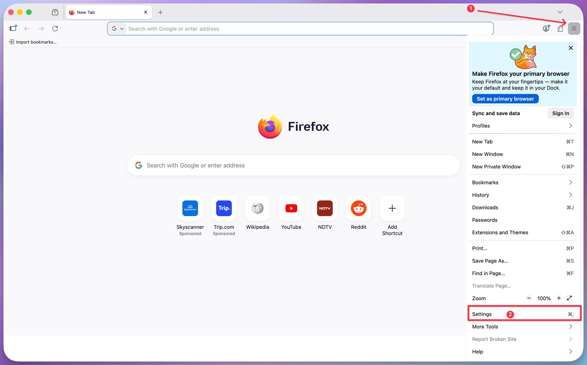 Opening firefox settings page