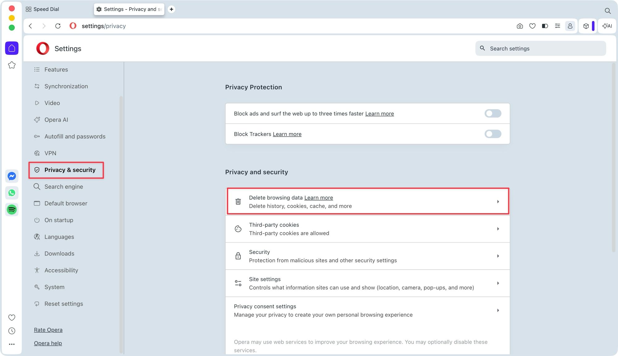 Opera Privacy & security settings