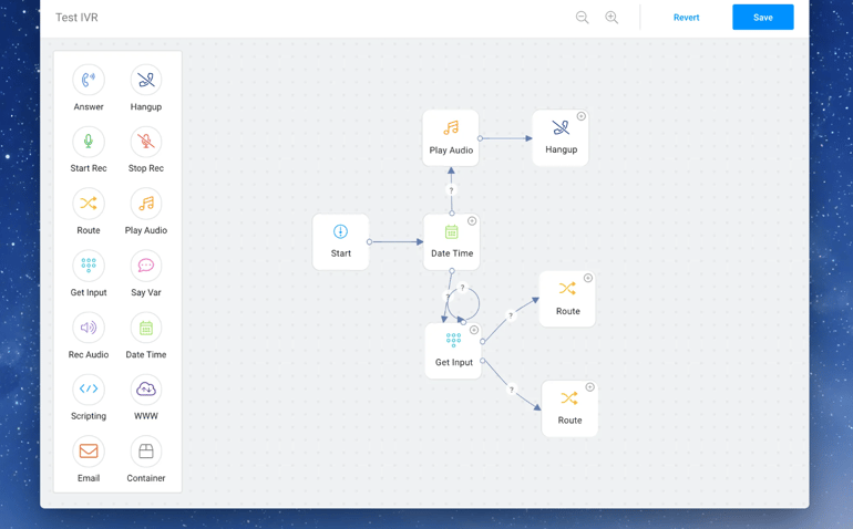 RingCentral IVR designer with test call flow and call distribution features.