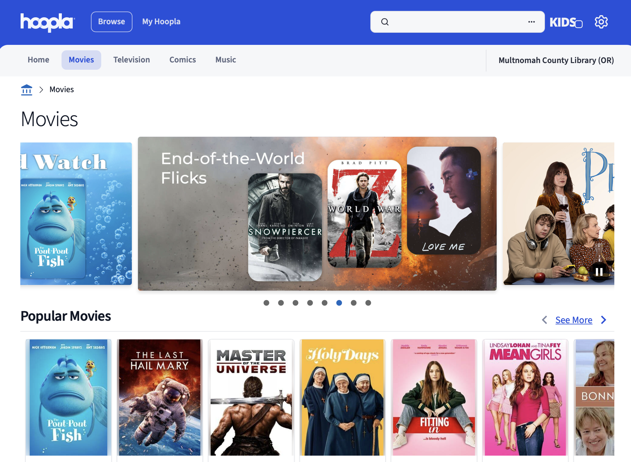Through Hoopla, my library offers a selection of TV, movies, and more.