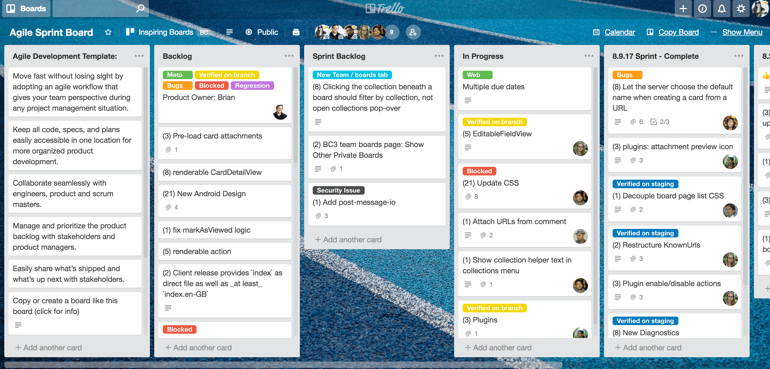 Trello agile board showing backlog, sprint backlog, in-progress tasks, and completed items arranged in Kanban columns for workflow tracking.