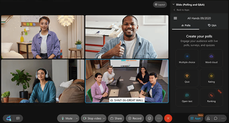 Webex app with a four-screen view of participants and customizable meeting polls.