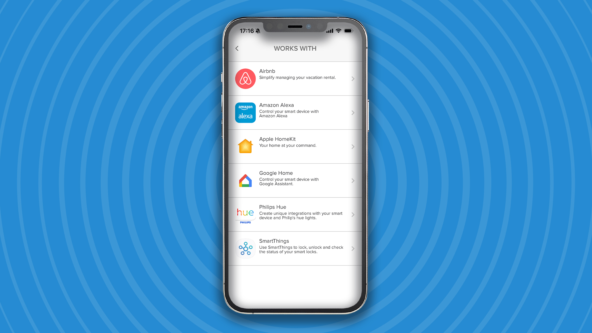 iPhone screengrab showing a list of smart home services compatible with the Yale Linus Smart Lock L2 Lite