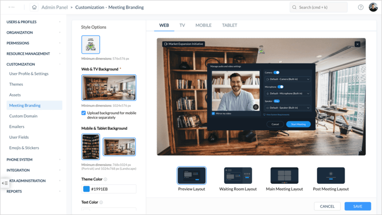 Zoho Meeting admin settings with customization options for meeting backgrounds and screens.