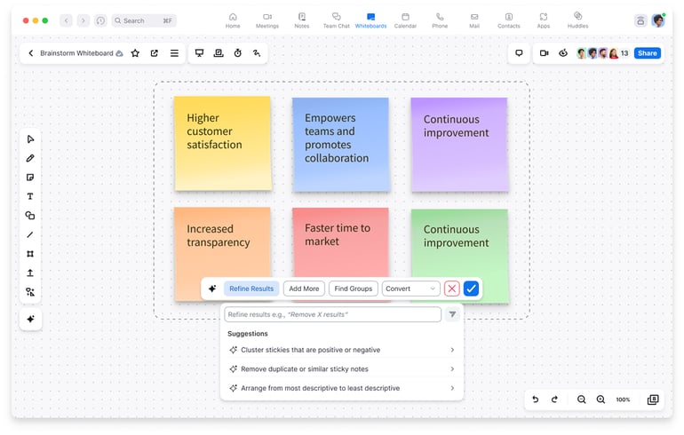 Zoom virtual whiteboard with AI companion suggestions and color-coded notes.