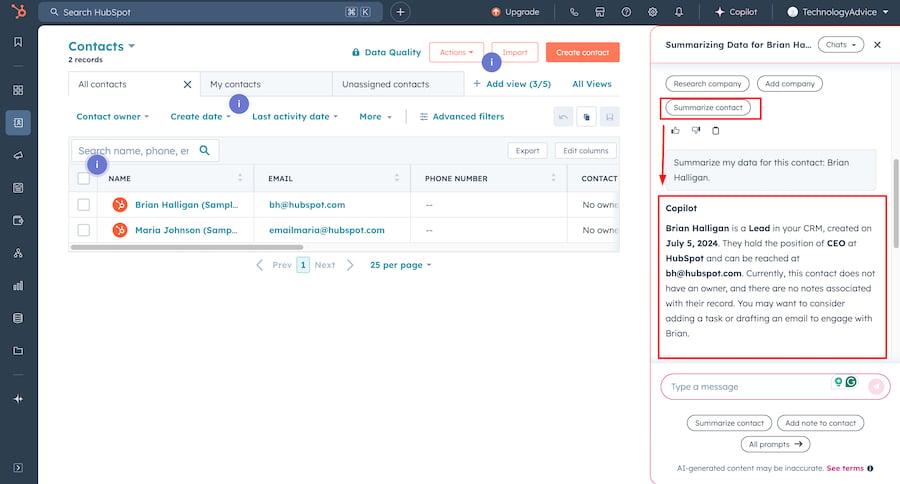 HubSpot CRM’s Breeze Copilot generating an AI-powered data summarization for contacts.