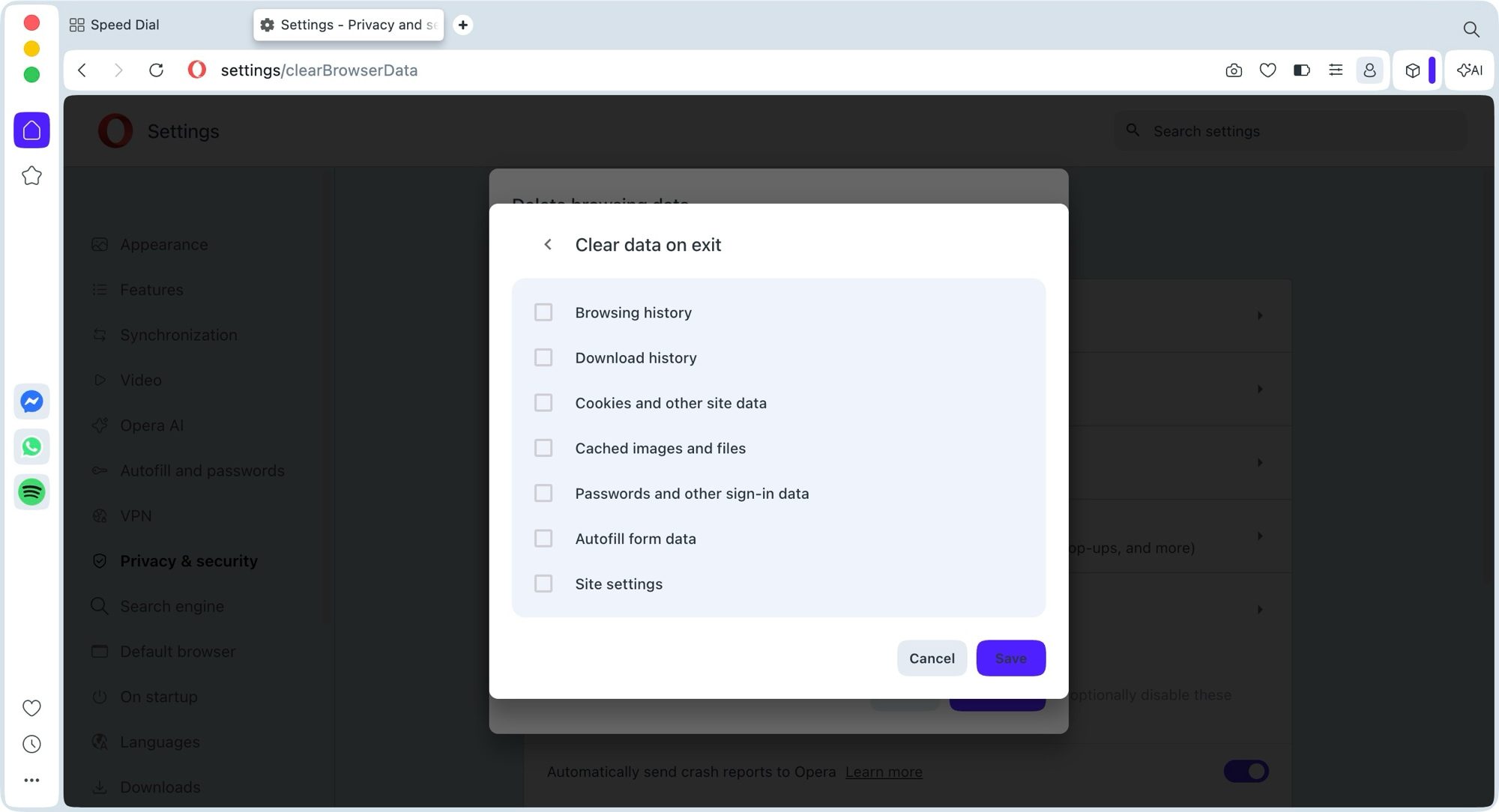 clear data on exit button