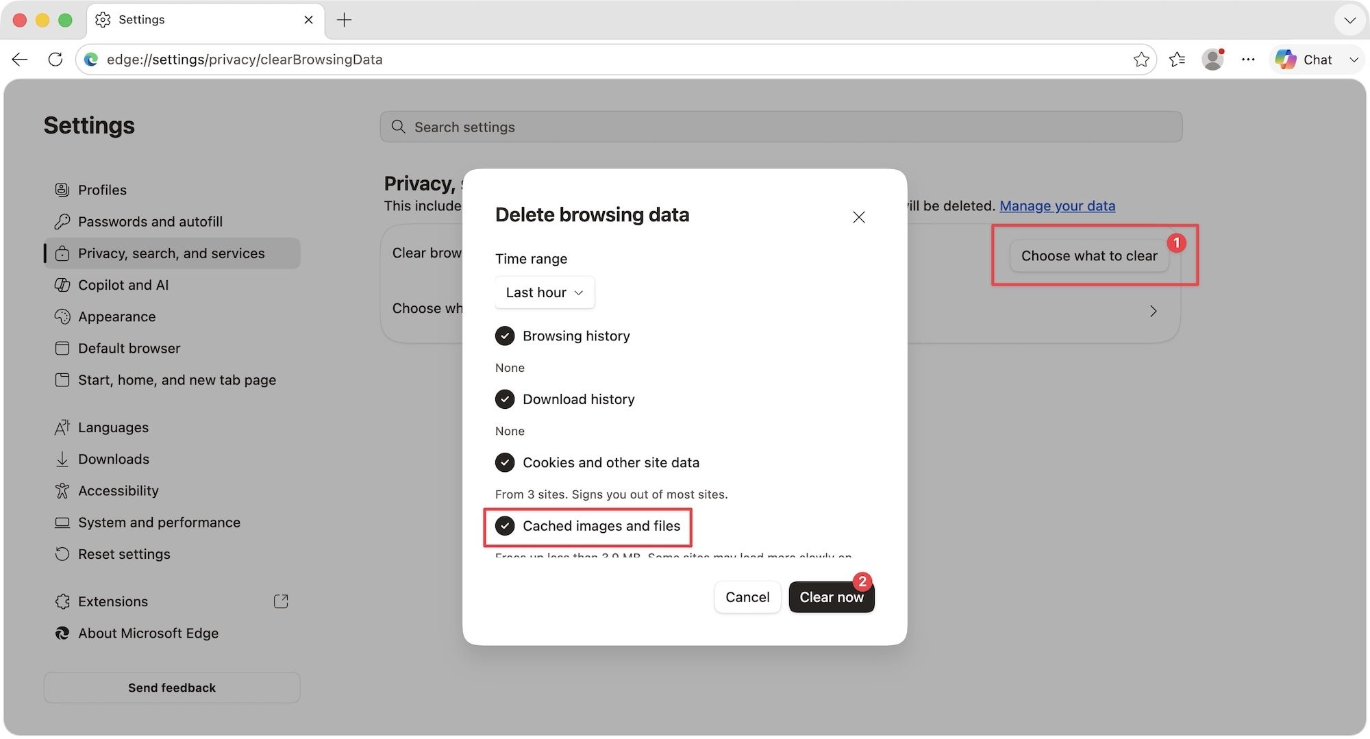 deleting cache in edge