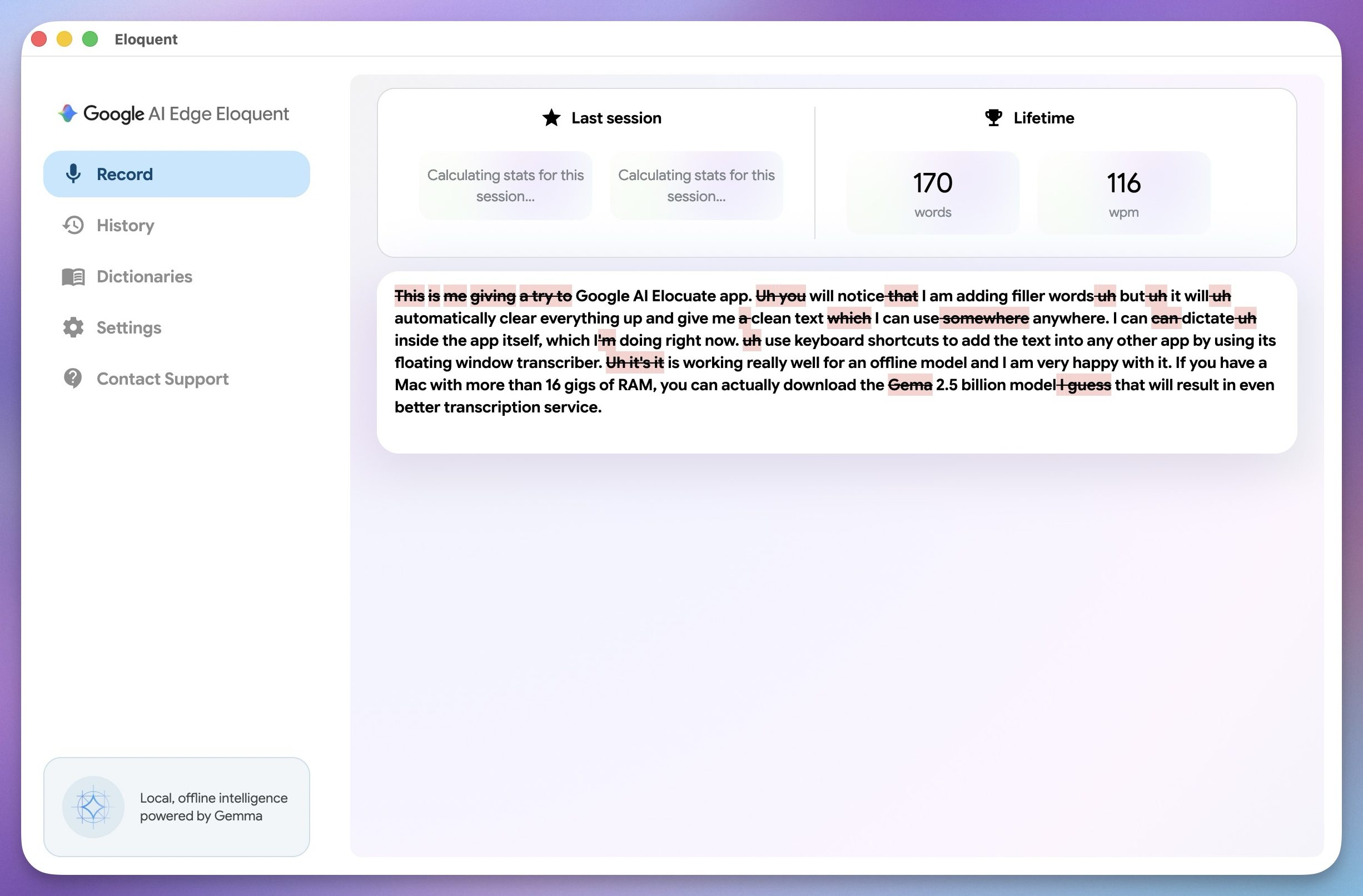 example of recording using Google Al Edge Eloquent app