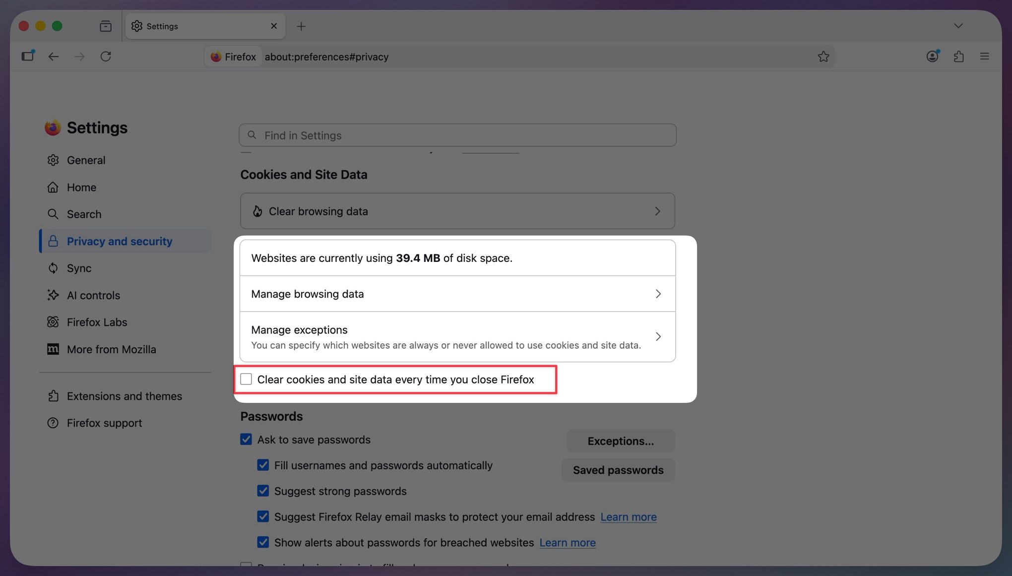 firefox clear cache when quit option
