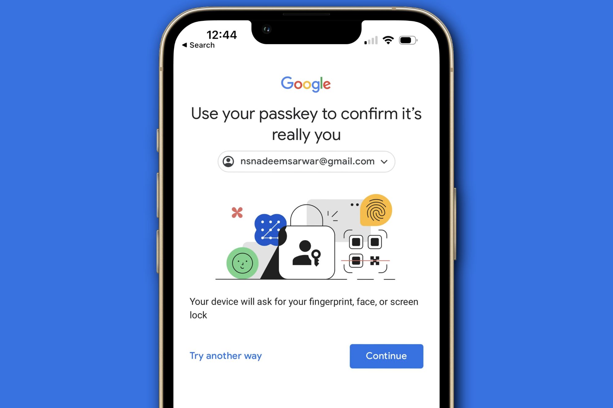 Google account prompt explaining passkeys.