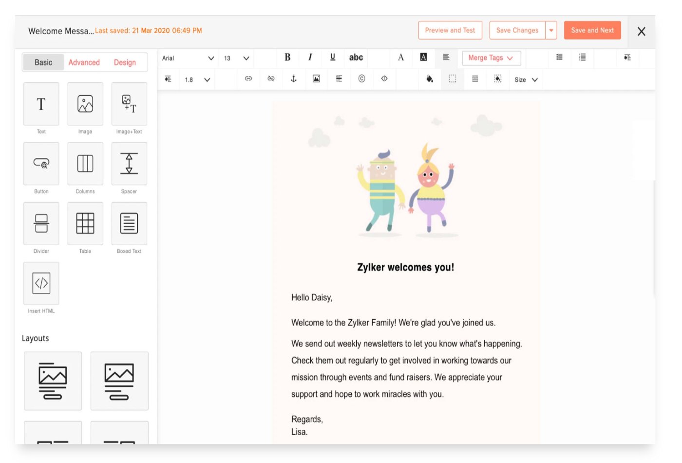 Example email template with customizations.