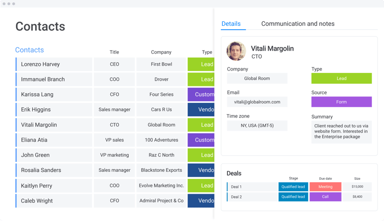 monday CRM contact management feature.