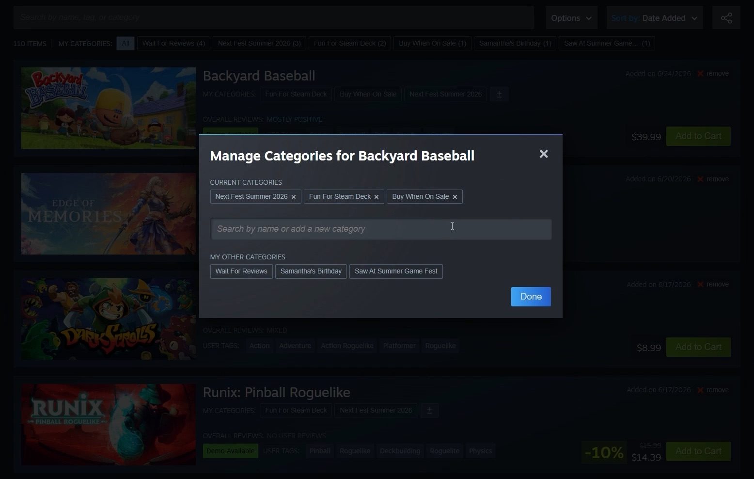 Adding a category to the game