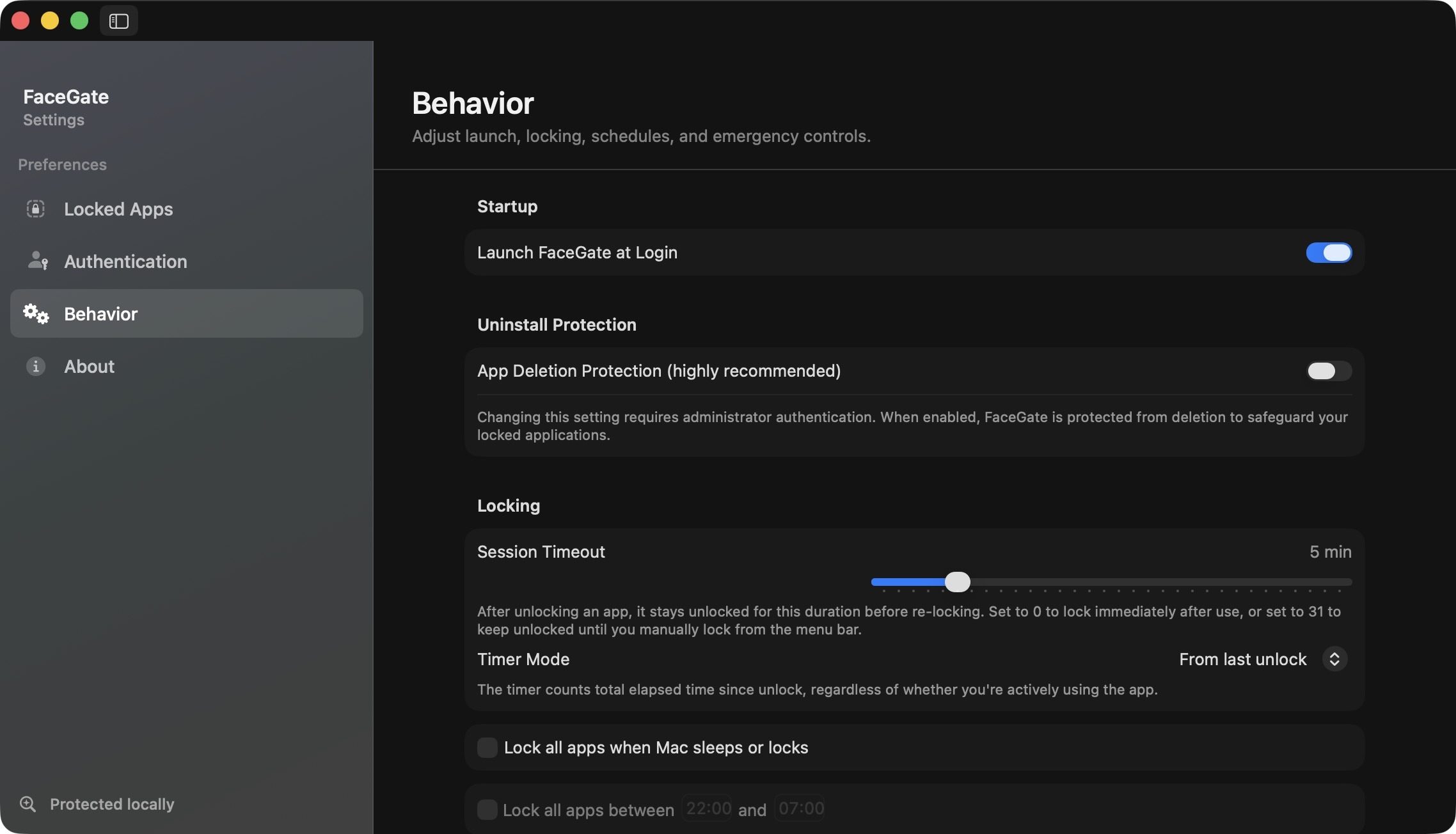 FaceGate behavior settings
