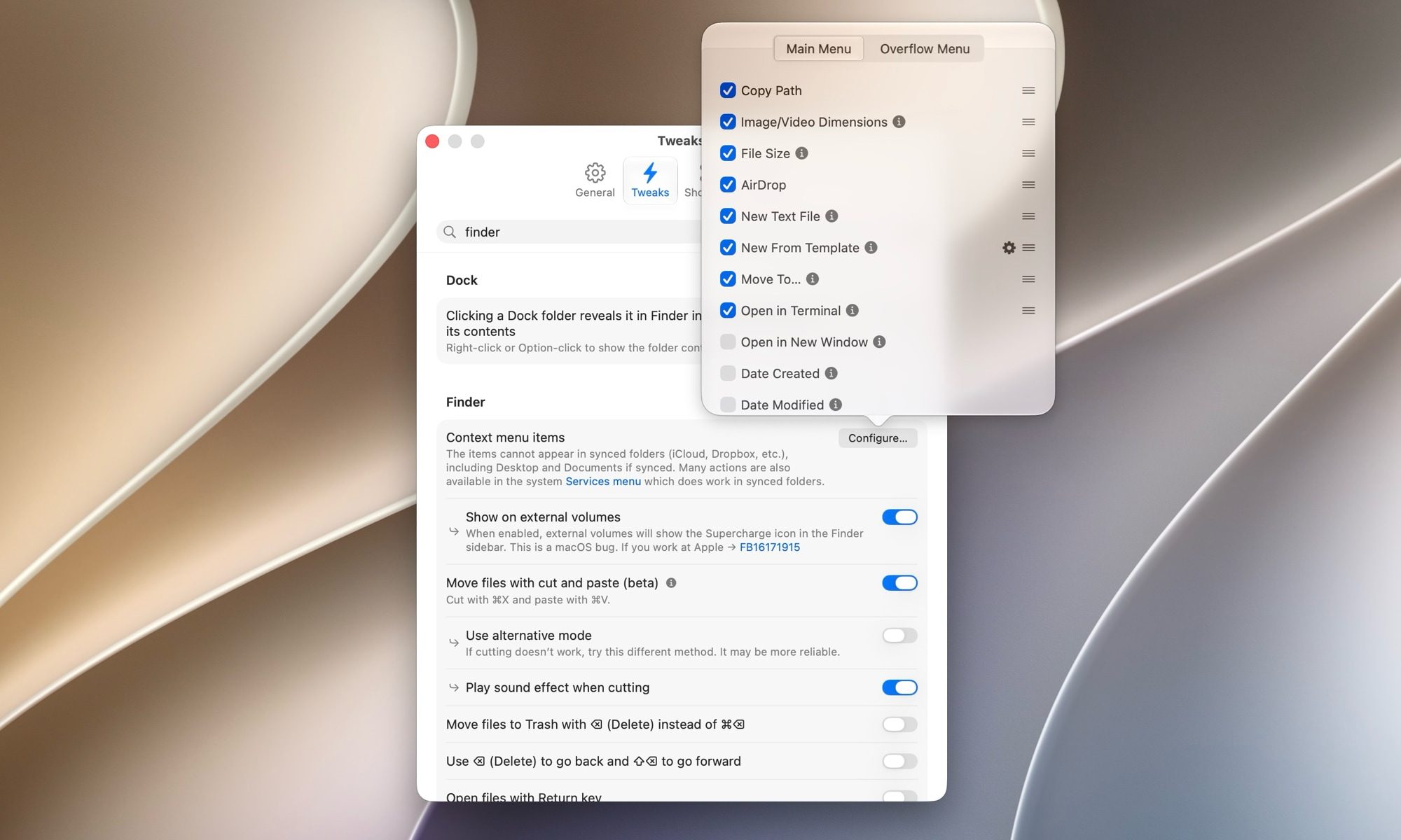 Finder contextual menu customization