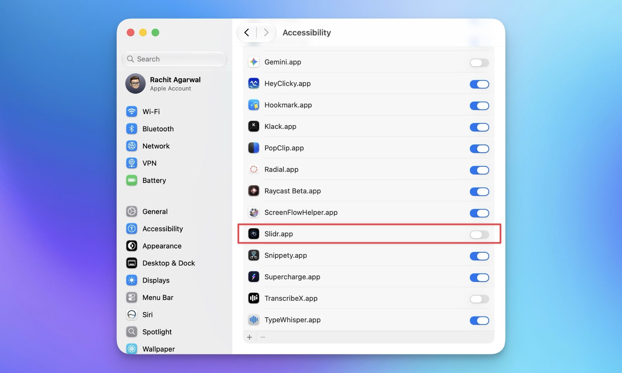 Granting accessibility permission to slidr