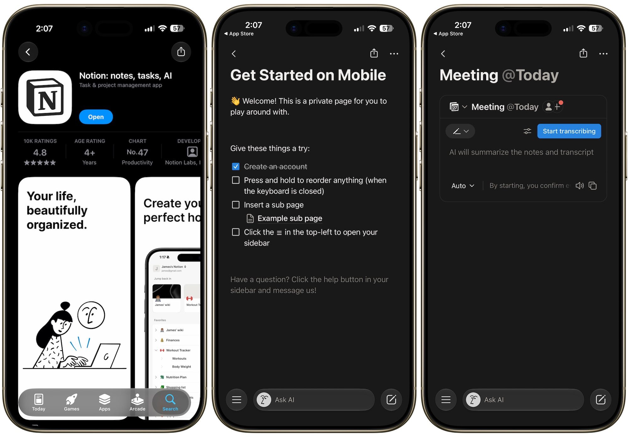 Notion app screenshots