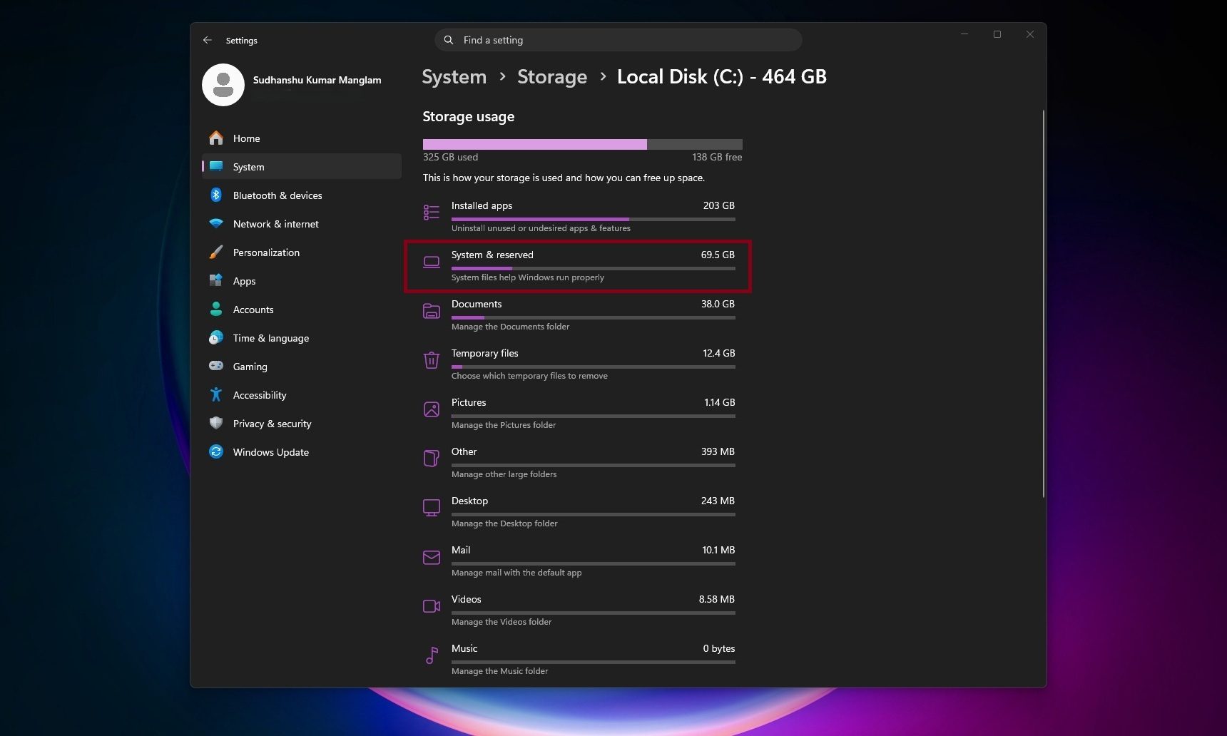 Windows 11 settings menu UI