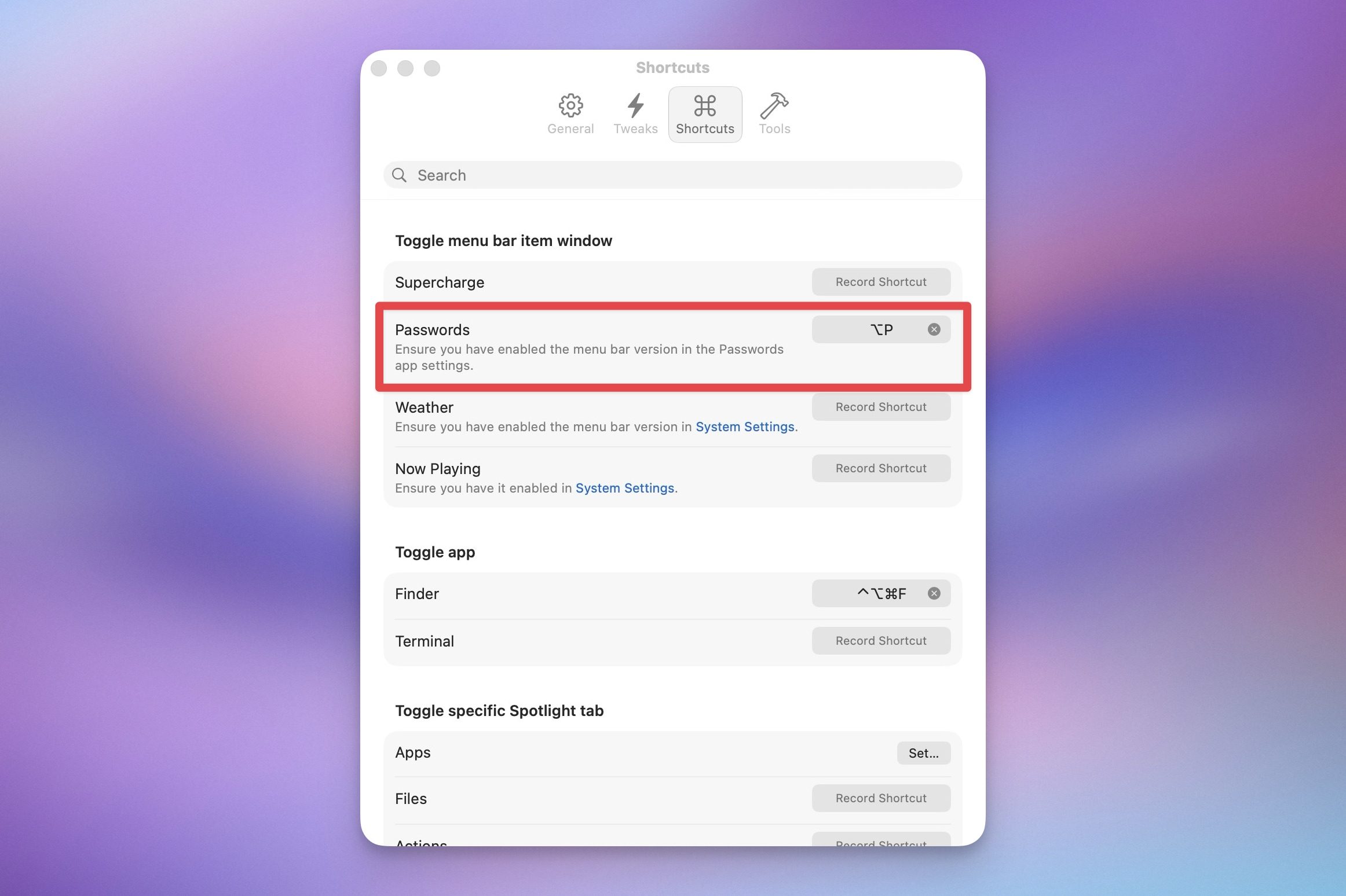 keyboard shortcuts in Supercharge