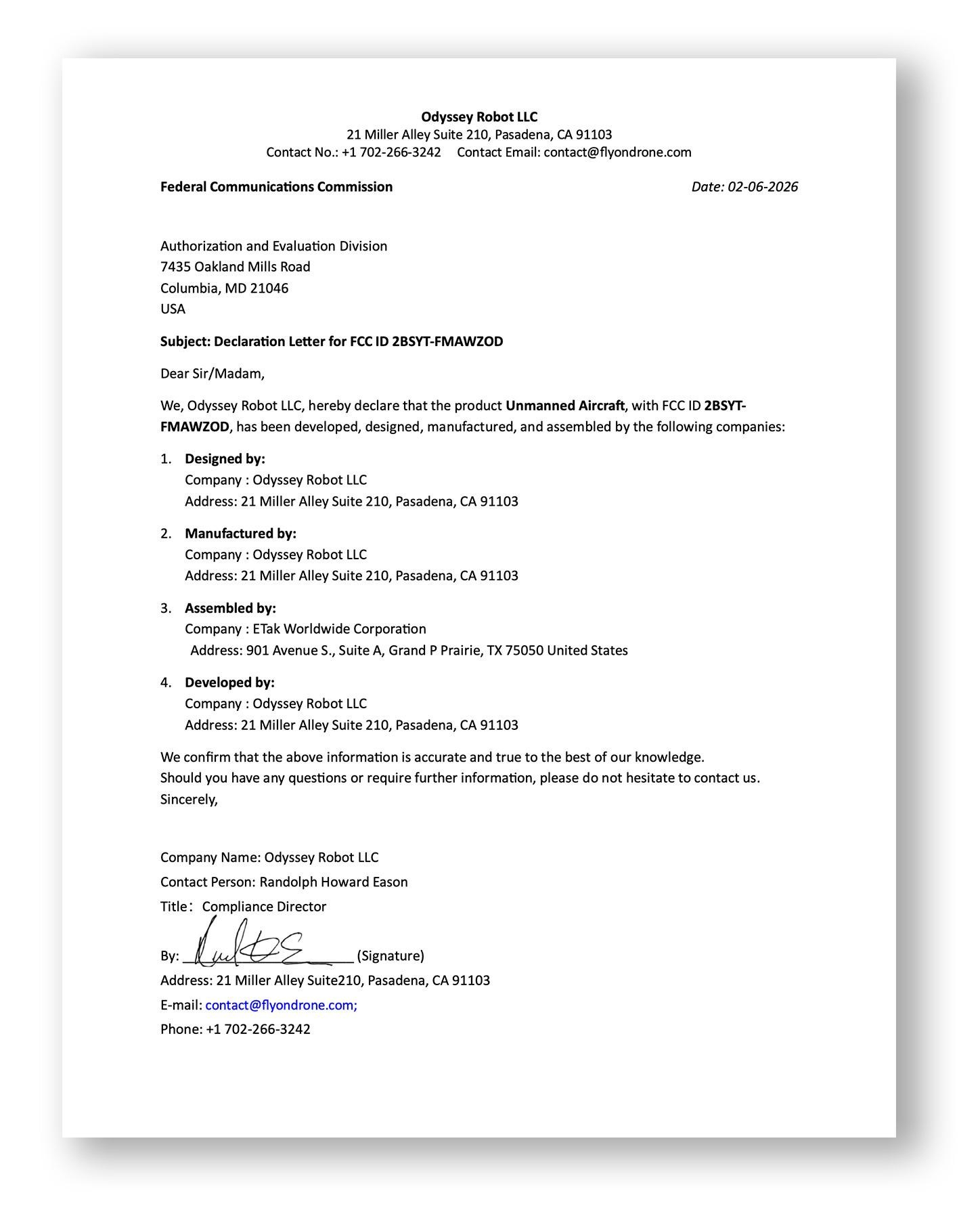 This is Odyssey Robot’s declaration that its drone was made in the USA.