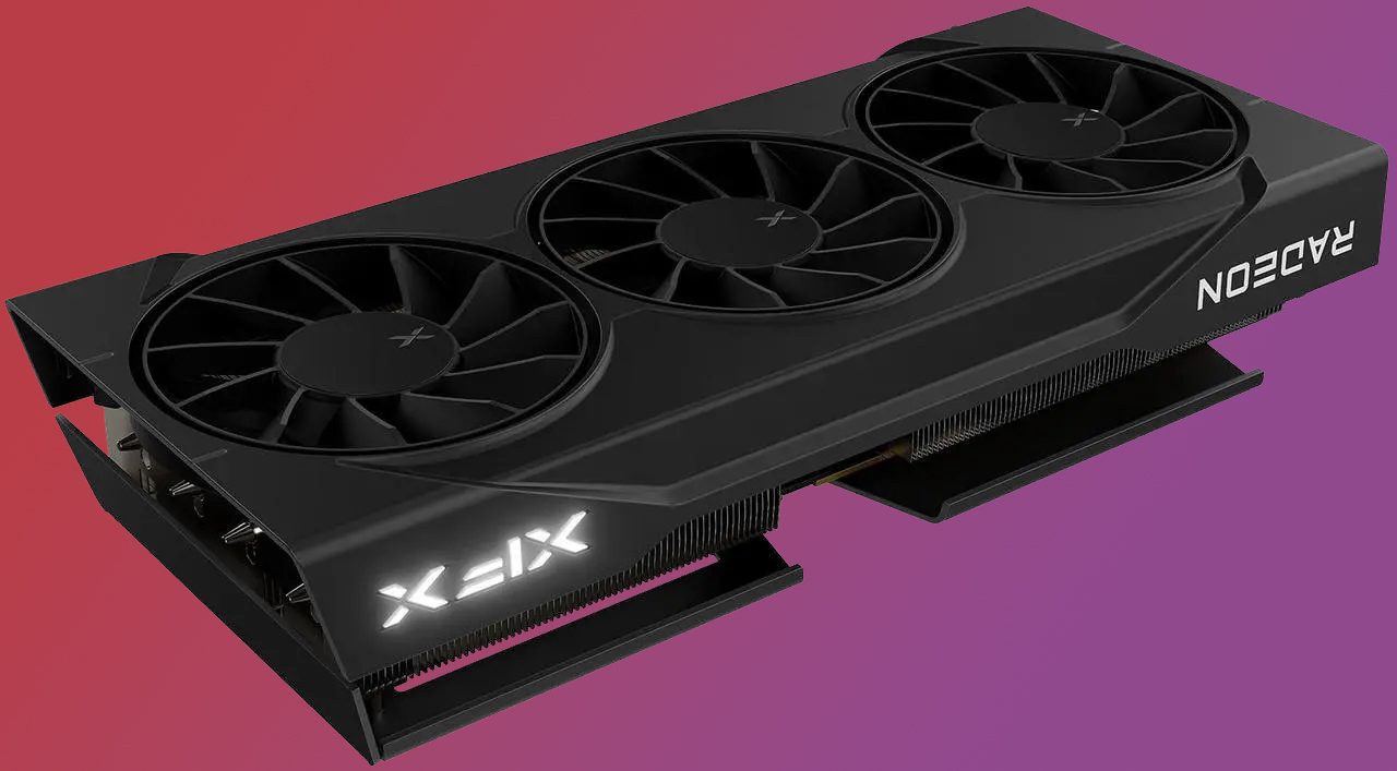 The AMD Radeon RX 9060 XT graphics card over a red and pink background.