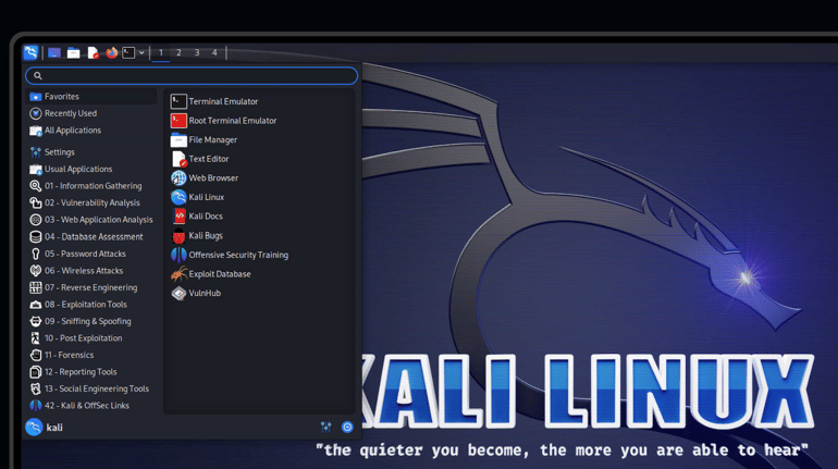 Kali Linux dashboard.