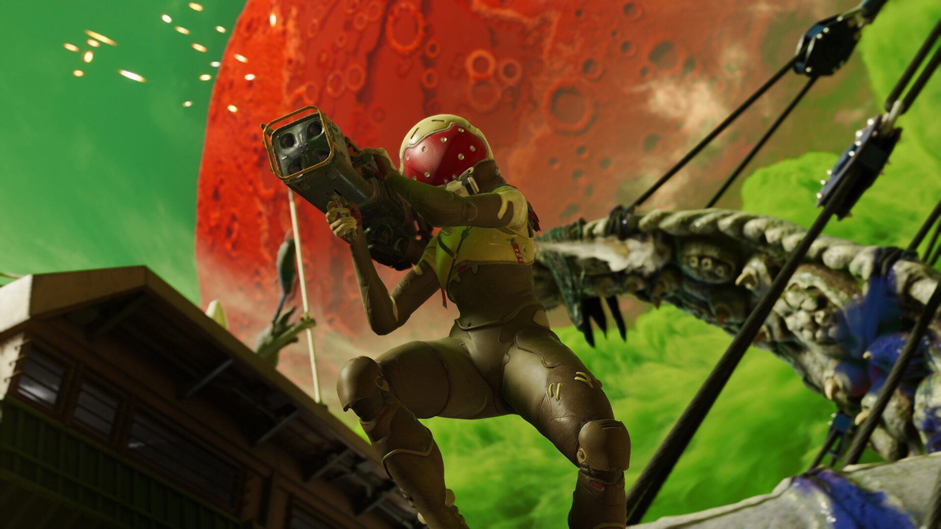 A character wields a rocket launcher in Concord.