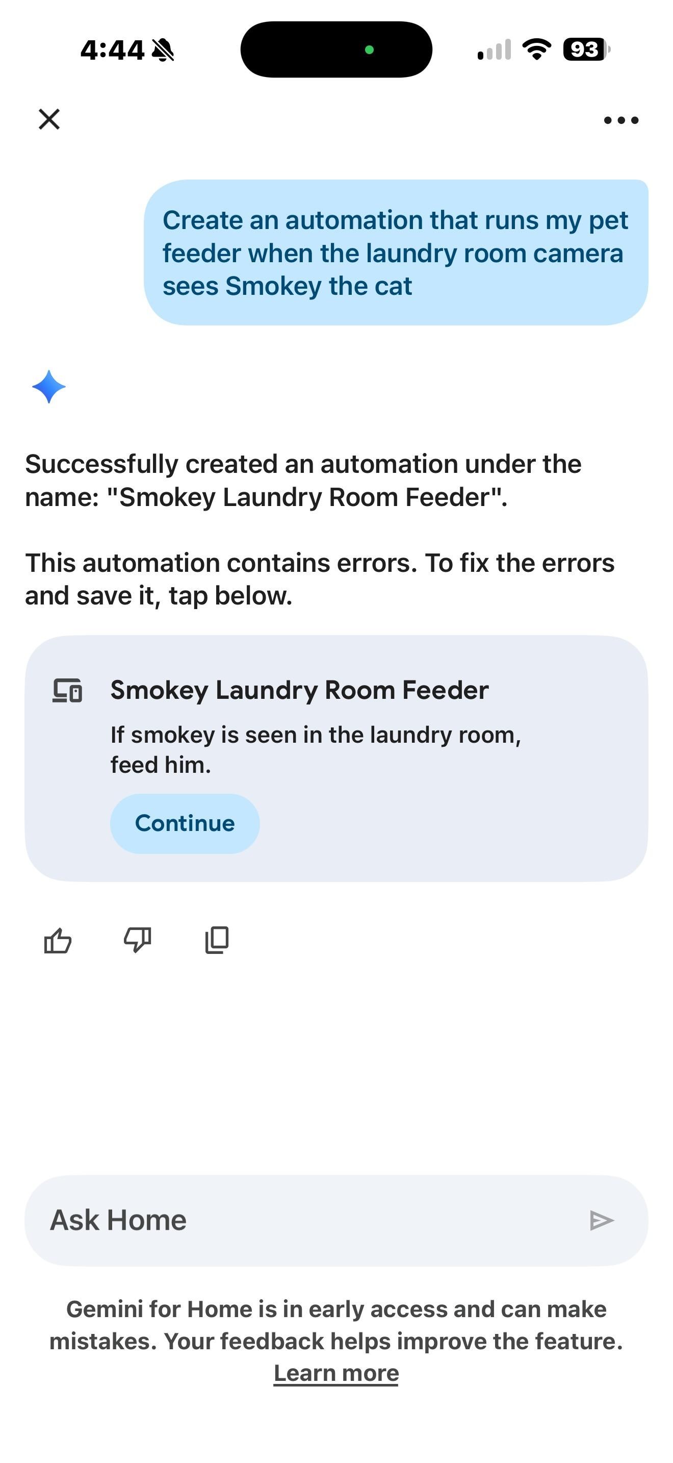 <em>I used Google Home’s “Help me create” to set up an automation that used the camera’s detection features to trigger a pet feeder.</em>