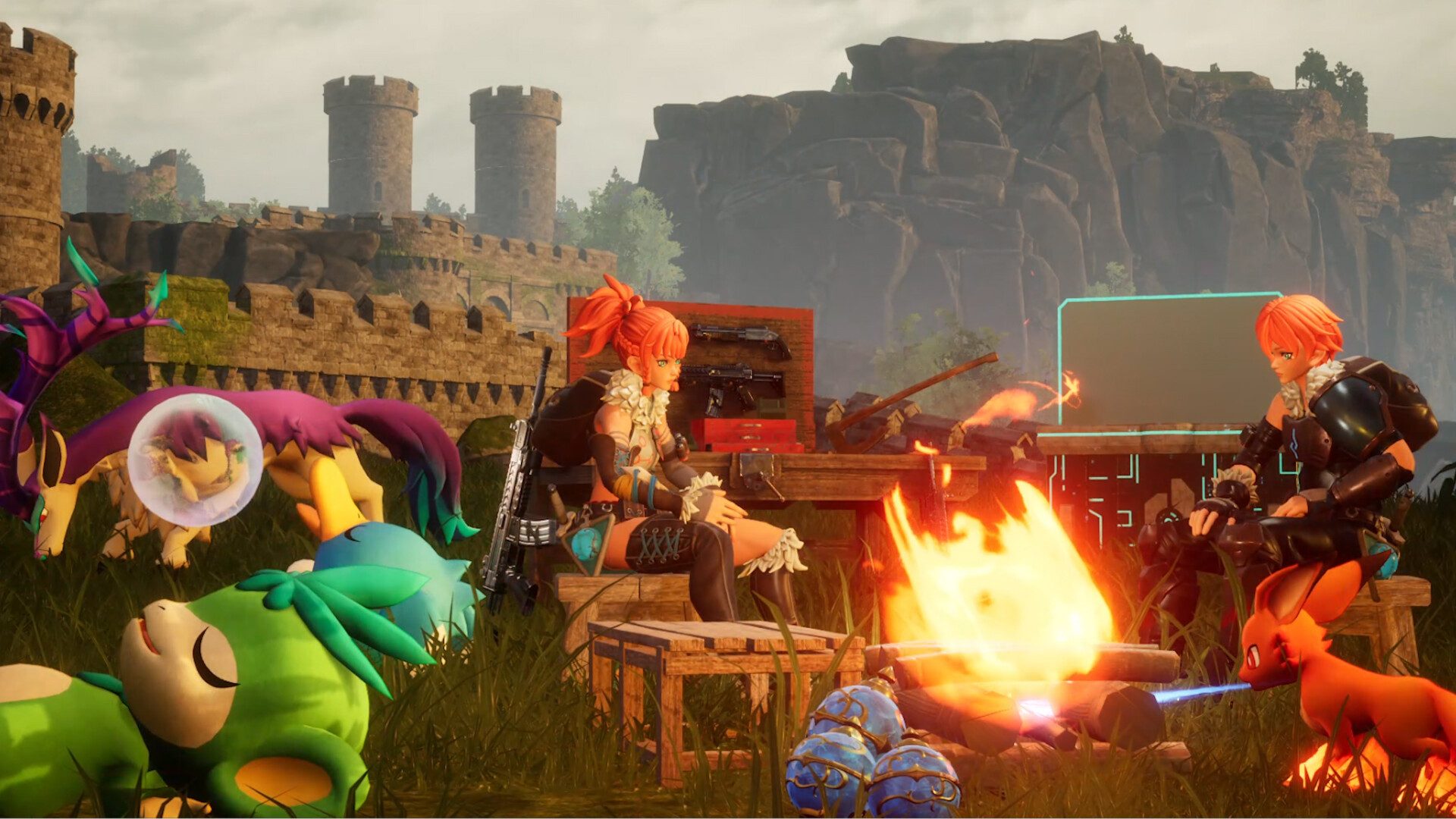 A palworld person sitting at a campfire in Palworld.