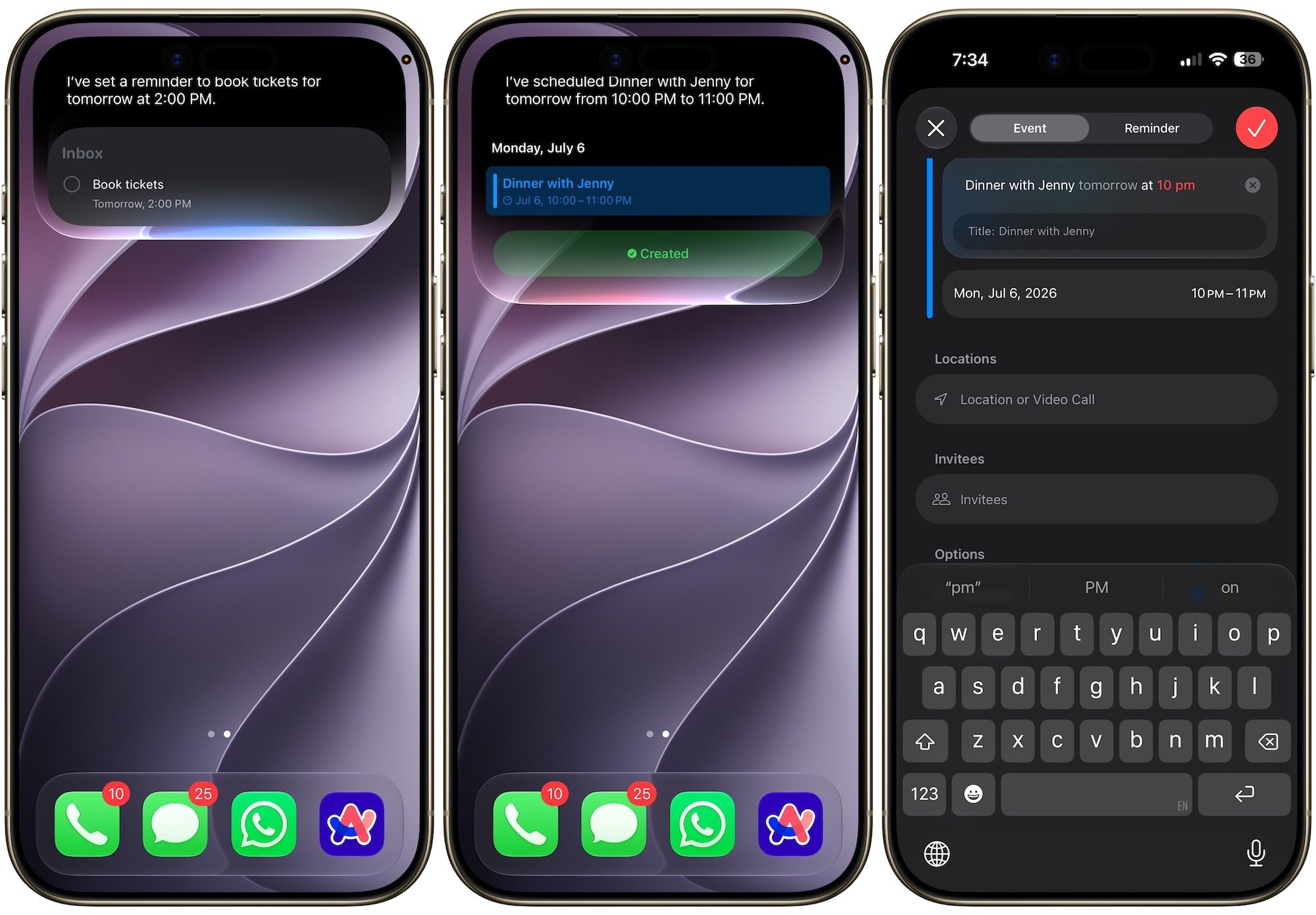 Siri AI natural language reminders and events creation