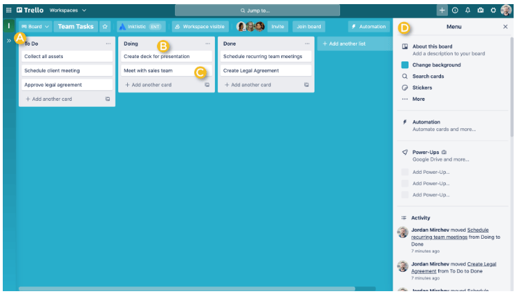Trello board showing task cards organized into To Do, Doing, and Done columns with automation tools and activity tracking sidebar.
