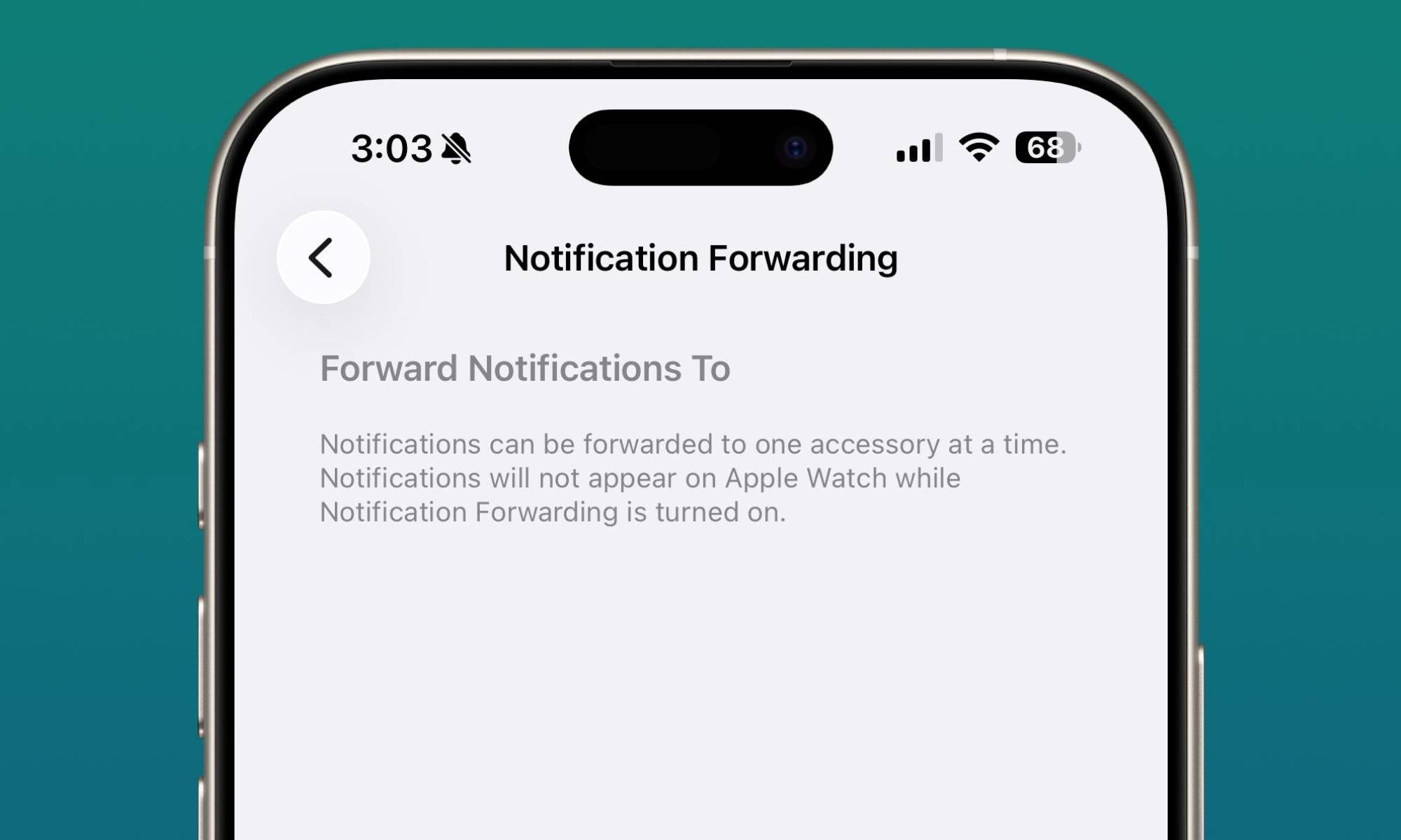 iOS 26.3 Notification Forwarding screenshot on blue background.
