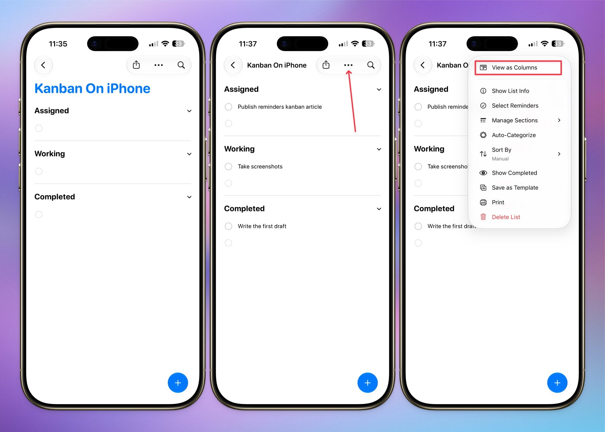 turning into column view