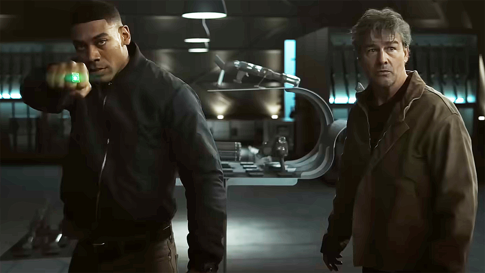 John Stewart powering up a Green Lantern ring next to Hal Jordan in Lanterns on HBO Max