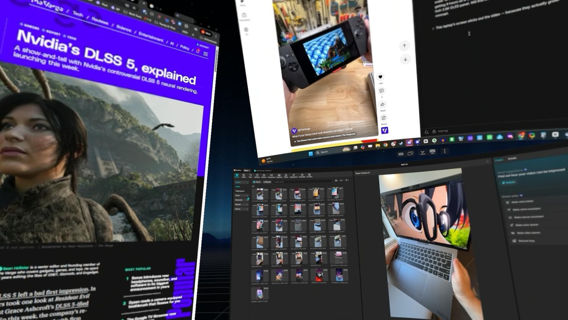 Virtual monitors floating at various angles in a virtual space, including my Capcut where I’m editing a previous Verge video, a YouTube window playing a previous Today I’m Toying With video, a notepad window, and a browser window with my DLSS 5 story visible in vertical format.