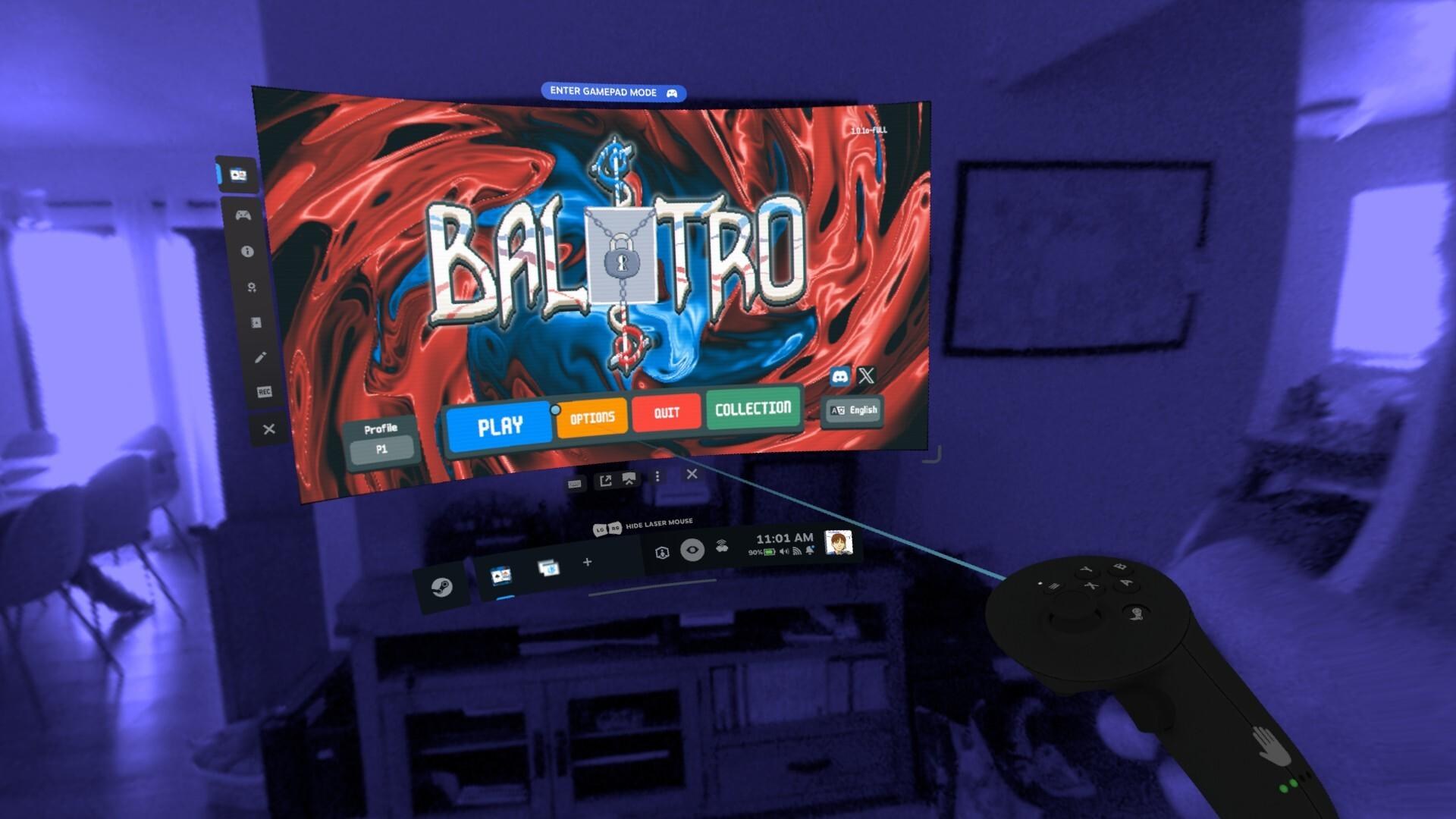 The game Balatro on a floating screen in my living room, with me pointing to it with a virtual laser pointer coming out of the wand. The game is in color, but my real world is in purple.