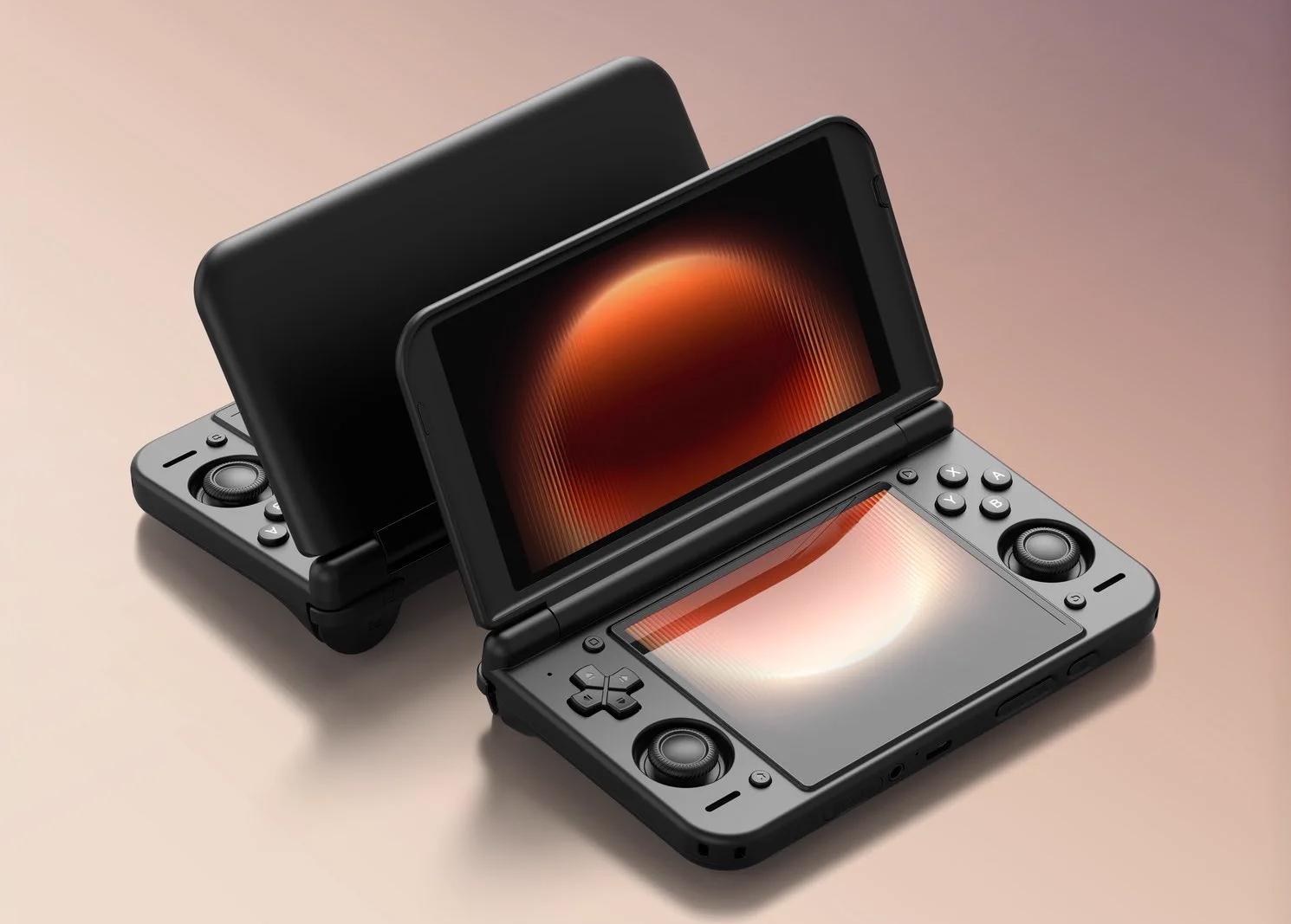 Two Retroid Pocket Duo dual-screen handhelds sitting back to back.