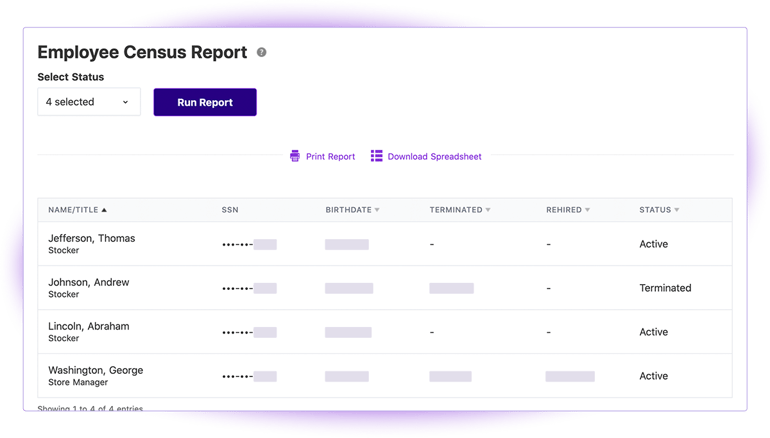 Both Patriot payroll plans include easy-to-generate, easy-to-read reports on payroll statistics, employee metrics and tax information.